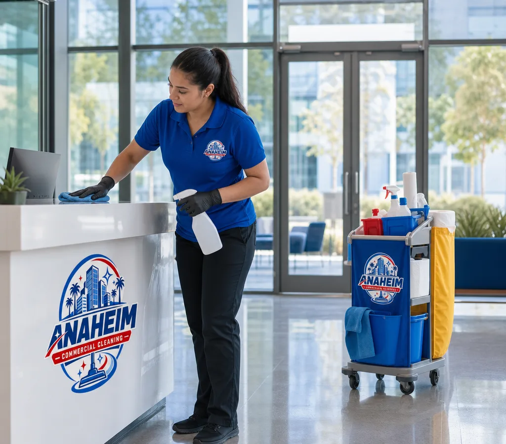 Commercial cleaner disinfecting high-touch areas in an Anaheim workplace