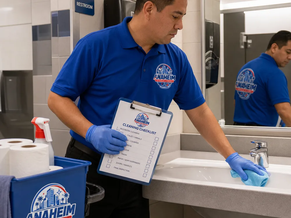 Janitorial staff member following a printed cleaning checklist while servicing a commercial restroom in an Anaheim office building