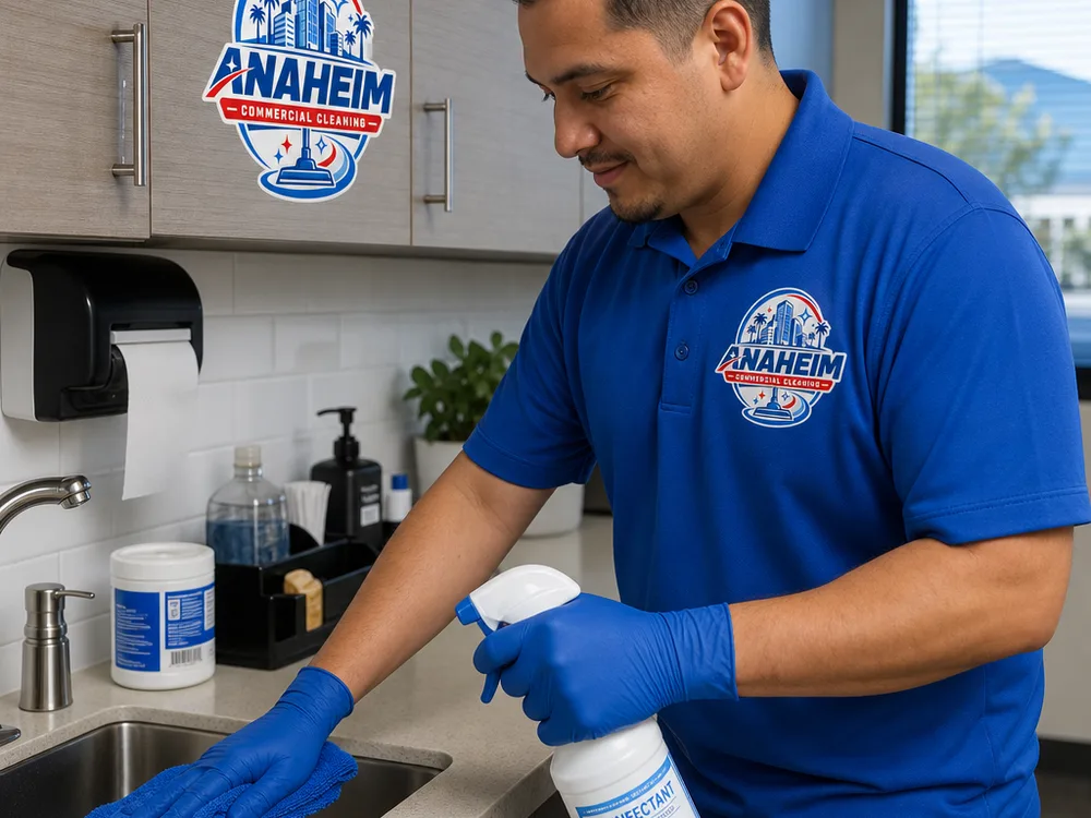 Cleaner disinfecting a shared office kitchenette counter and sink with labeled disinfectant and microfiber cloths
