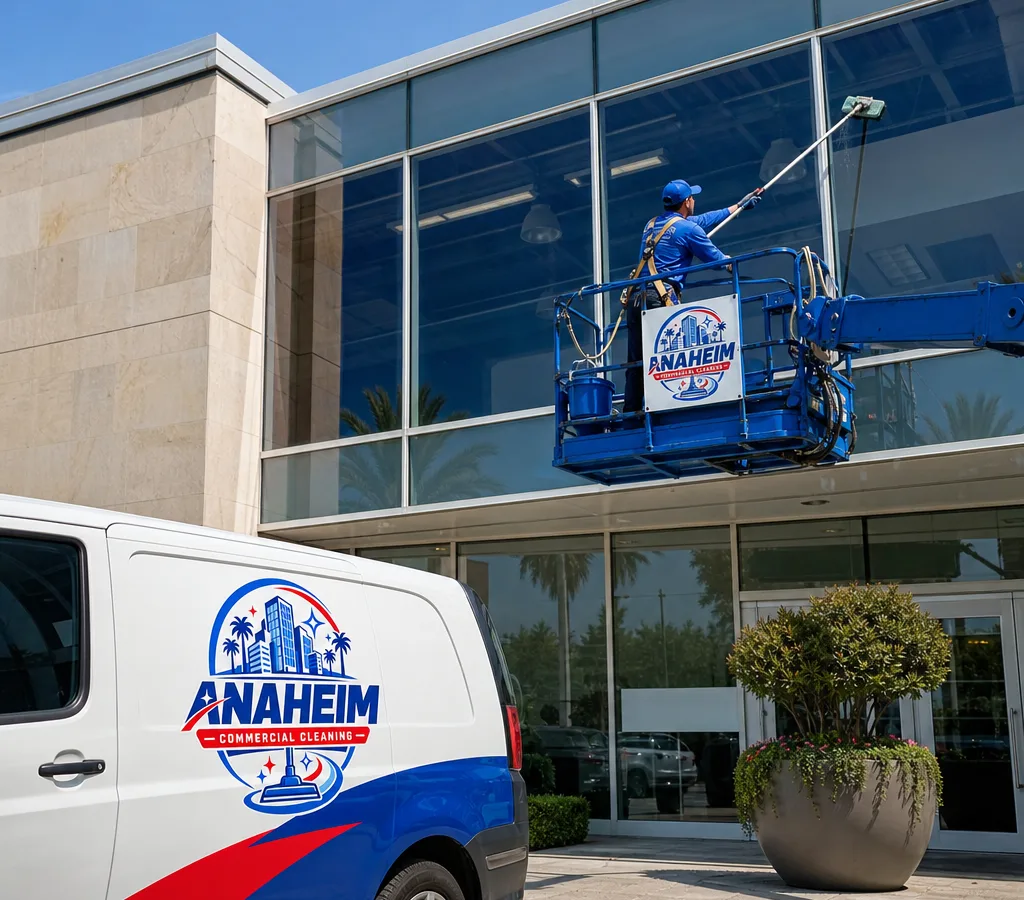 Commercial cleaner on a lift detailing exterior storefront and upper-level windows on a modern Anaheim retail building with streak-free reflections