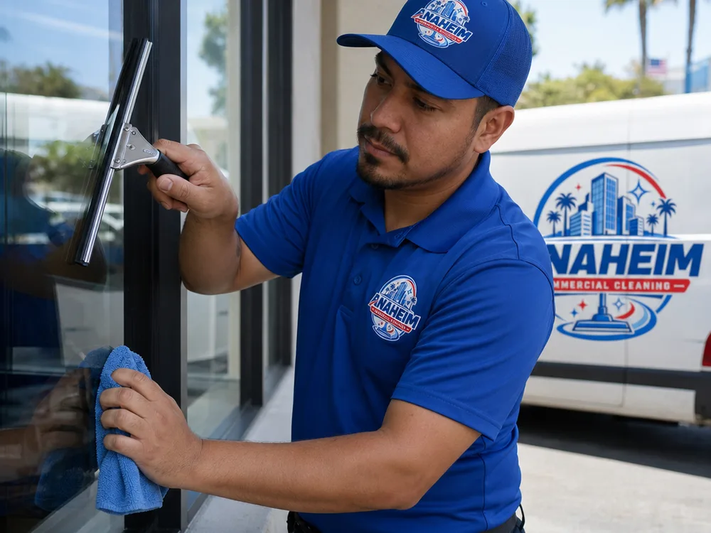 Technician using a squeegee and detailing cloth on a commercial window with clean edges, wiped frames, and a dry sill